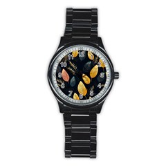 Gold Yellow Leaves Fauna Dark Background Dark Black Background Black Nature Forest Texture Wall Wall Stainless Steel Round Watch by Bedest