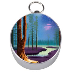 Artwork Outdoors Night Trees Setting Scene Forest Woods Light Moonlight Nature Silver Compasses by Posterlux
