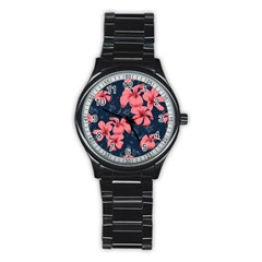 5902244 Pink Blue Illustrated Pattern Flowers Square Pillow Stainless Steel Round Watch by BlackRoseStore